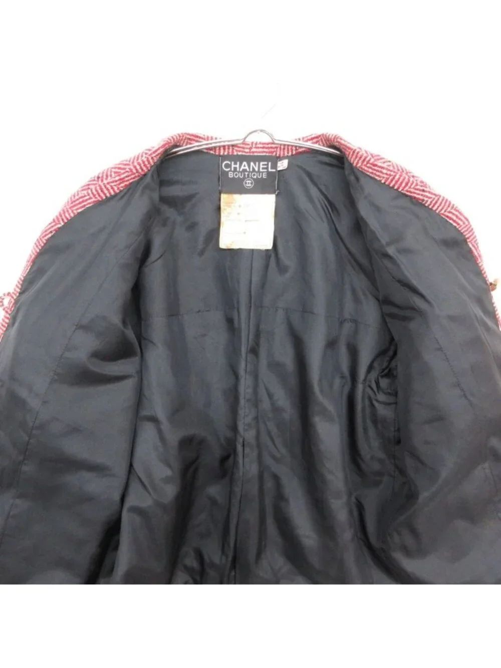Chanel Collarless Jacket Tweed Trimming Herringbone Pattern CC Logo Gold Button